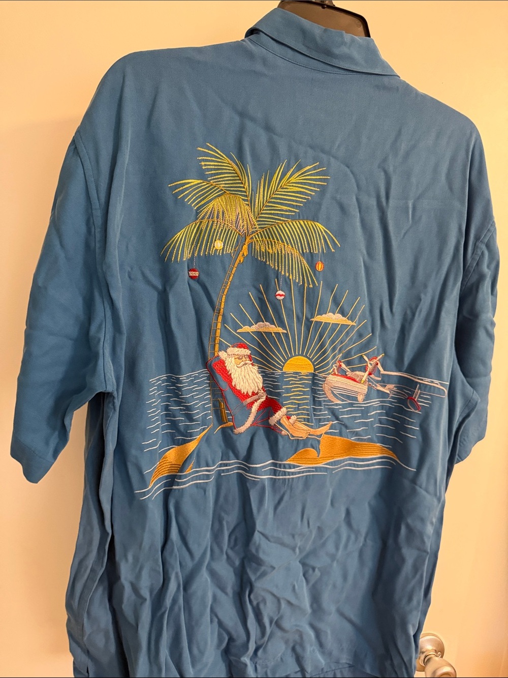 Tori Richard Blue Embroidered Santa Palm Resort Shirt